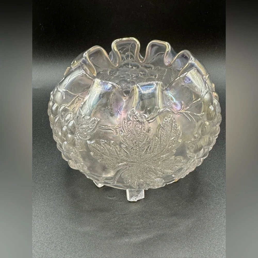 Vintage Dugan Clear Iridescent Carnival Glass Grape Delight Footed Rose Bowl